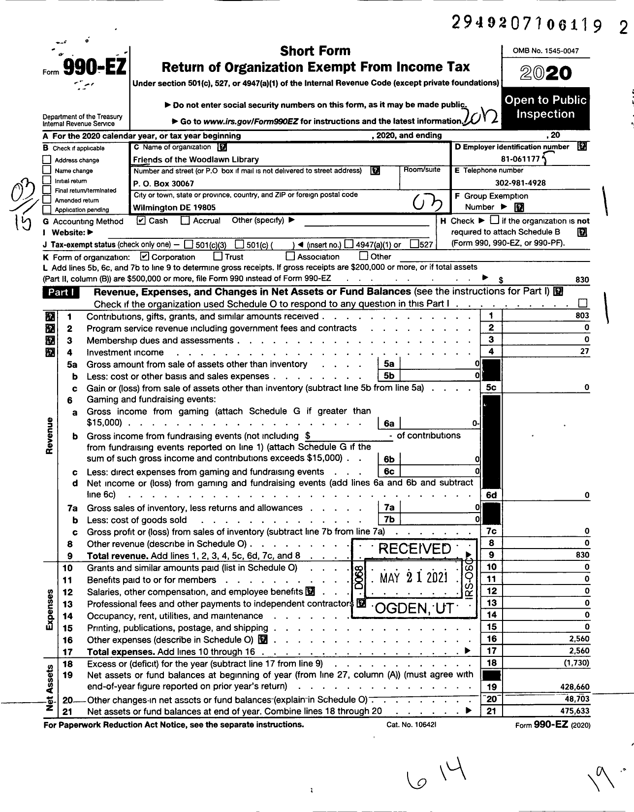 Image of first page of 2020 Form 990EZ for Friends of the Woodlawn Library