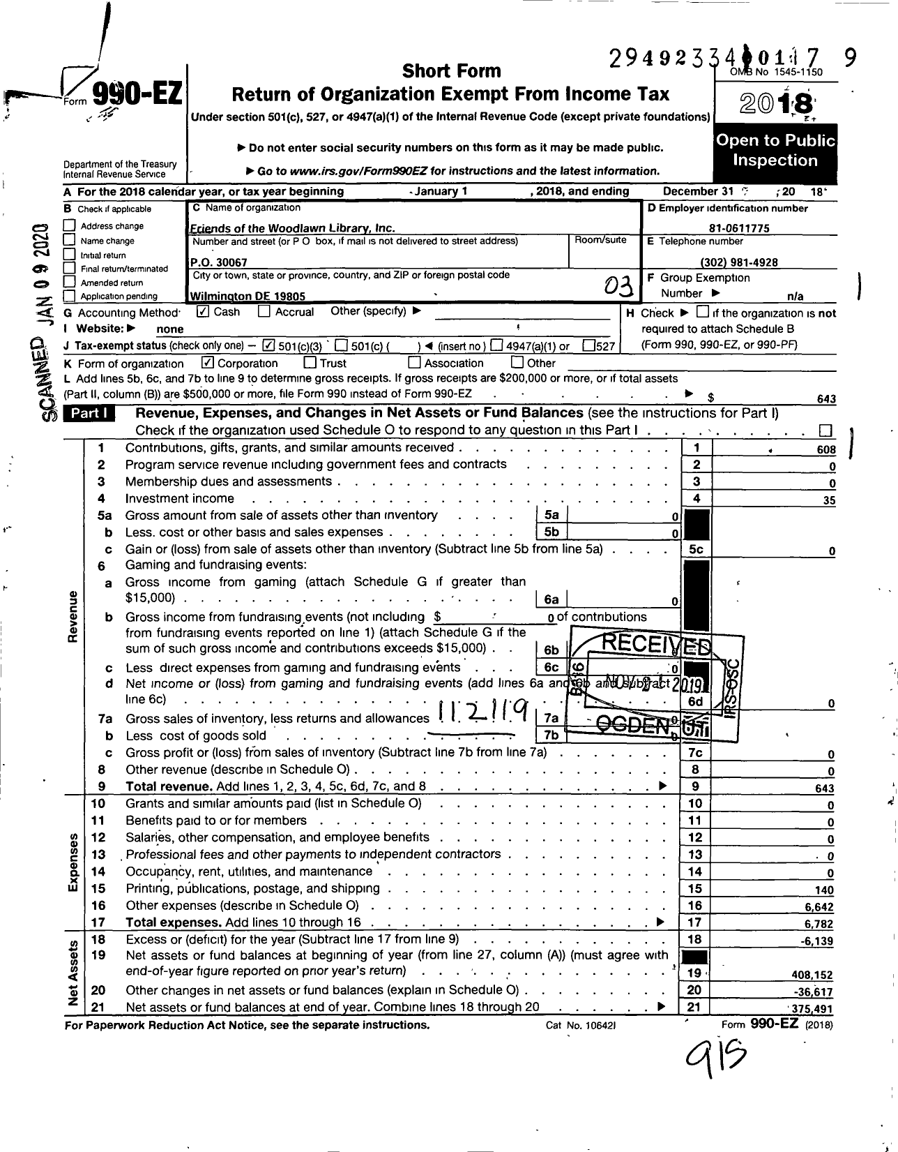 Image of first page of 2018 Form 990EZ for Friends of the Woodlawn Library