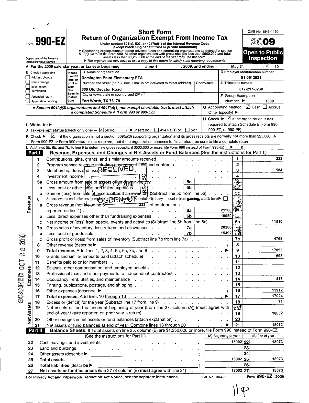 Image of first page of 2009 Form 990EO for Texas PTA - Remington Point Elementary PTA