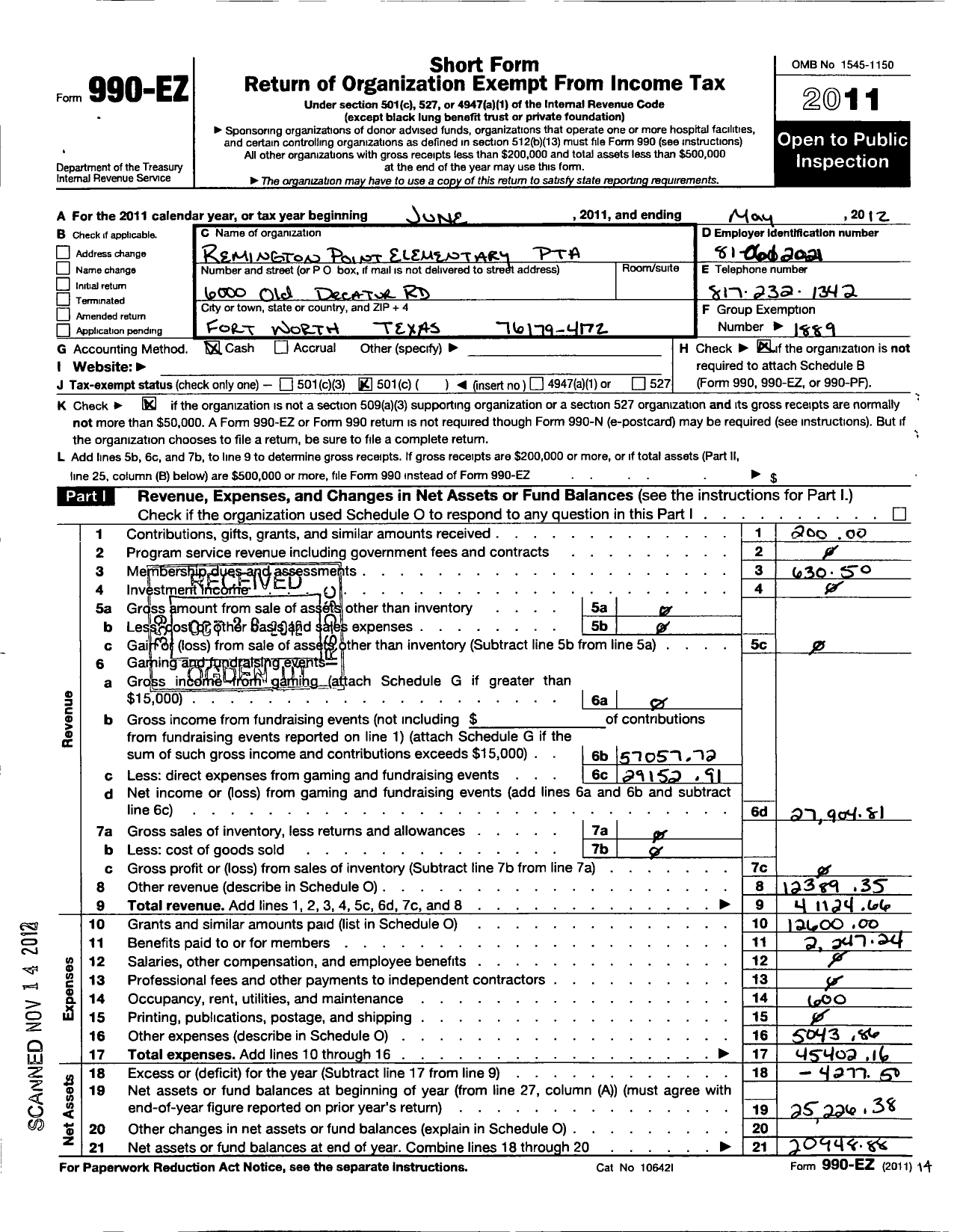 Image of first page of 2011 Form 990EO for Texas PTA - Remington Point Elementary PTA