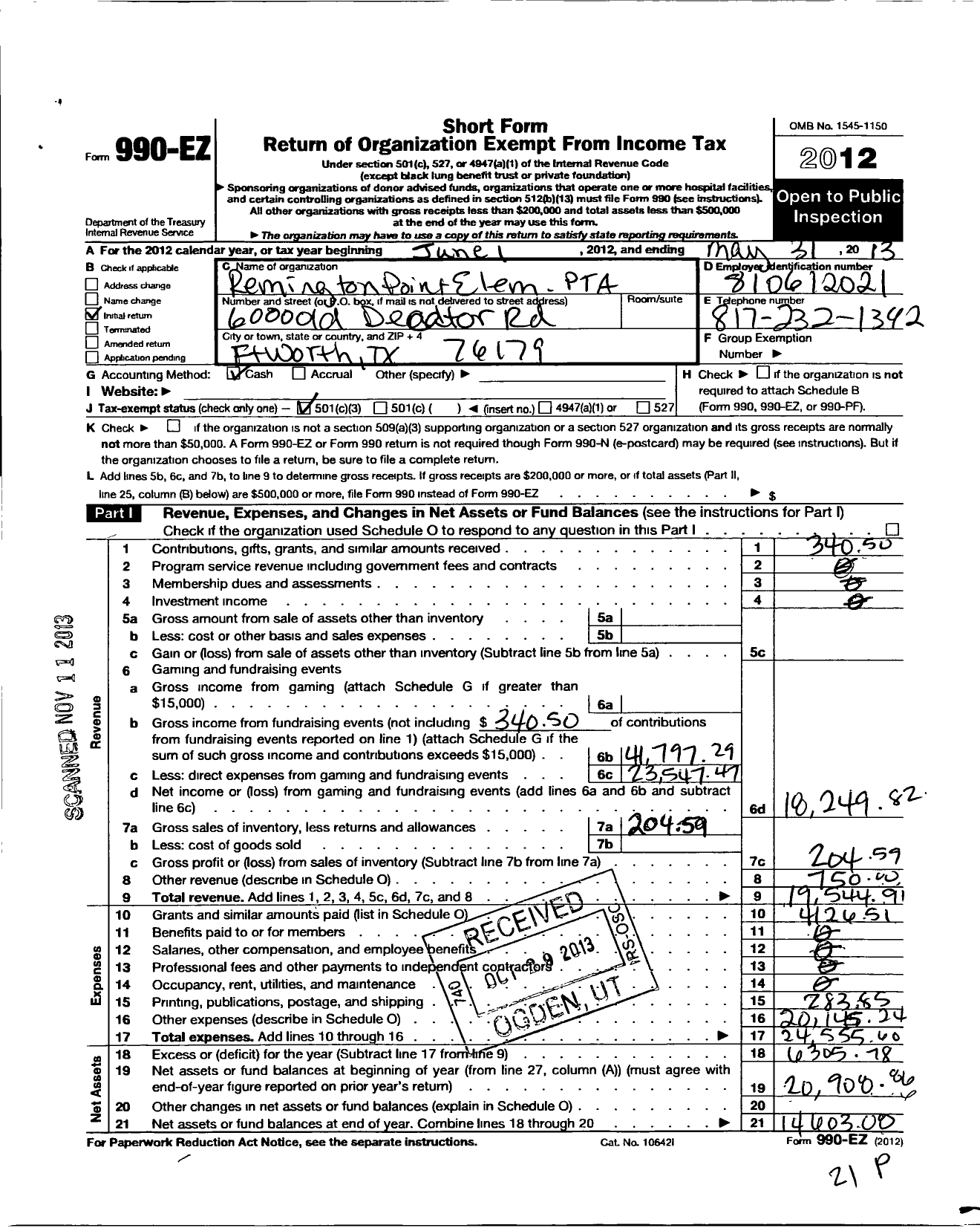 Image of first page of 2012 Form 990EZ for Texas PTA - Remington Point Elementary PTA