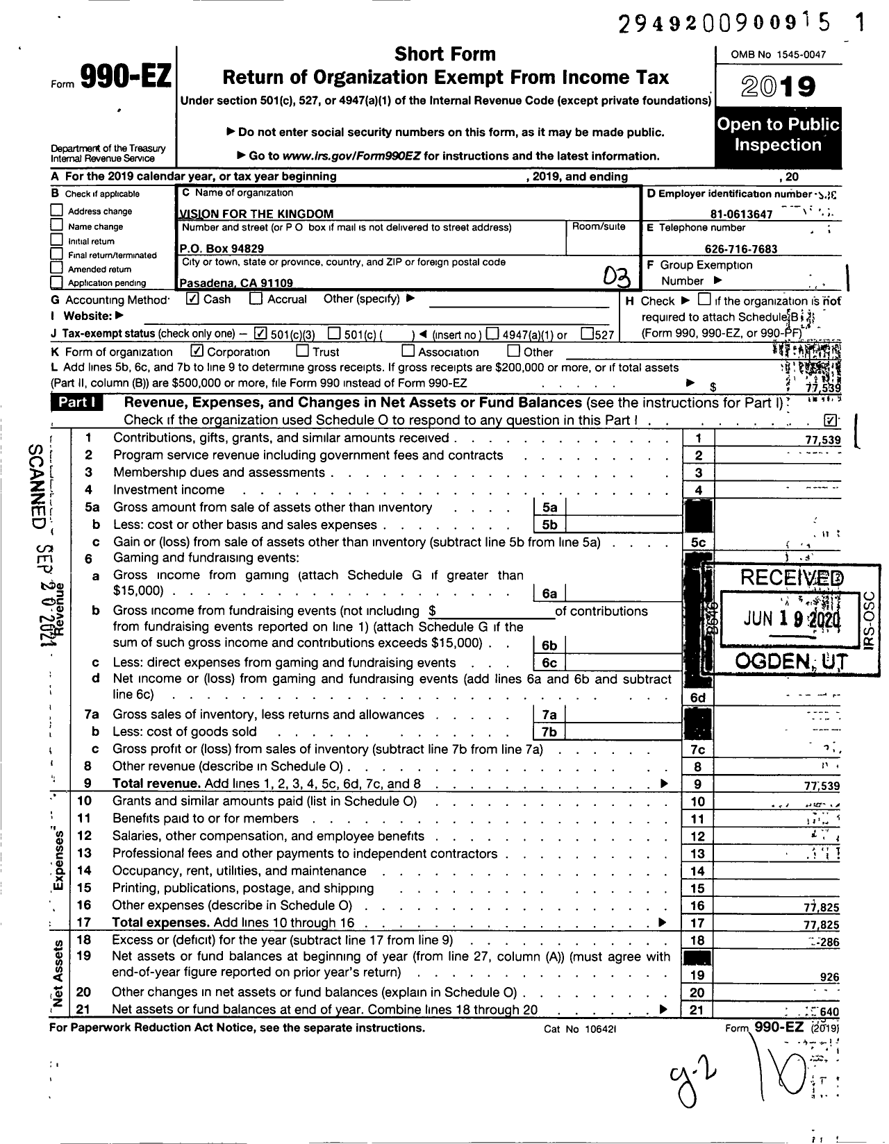 Image of first page of 2019 Form 990EZ for Vision for the Kingdom