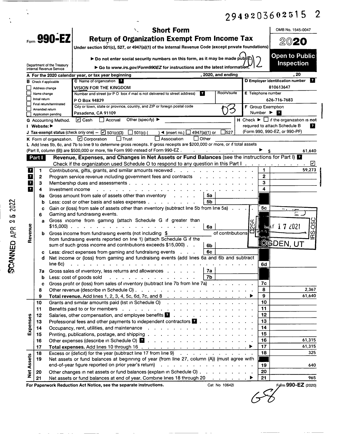 Image of first page of 2020 Form 990EZ for Vision for the Kingdom