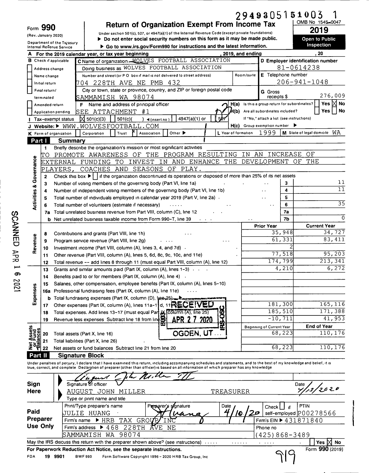 Image of first page of 2019 Form 990 for Wolves Football Association