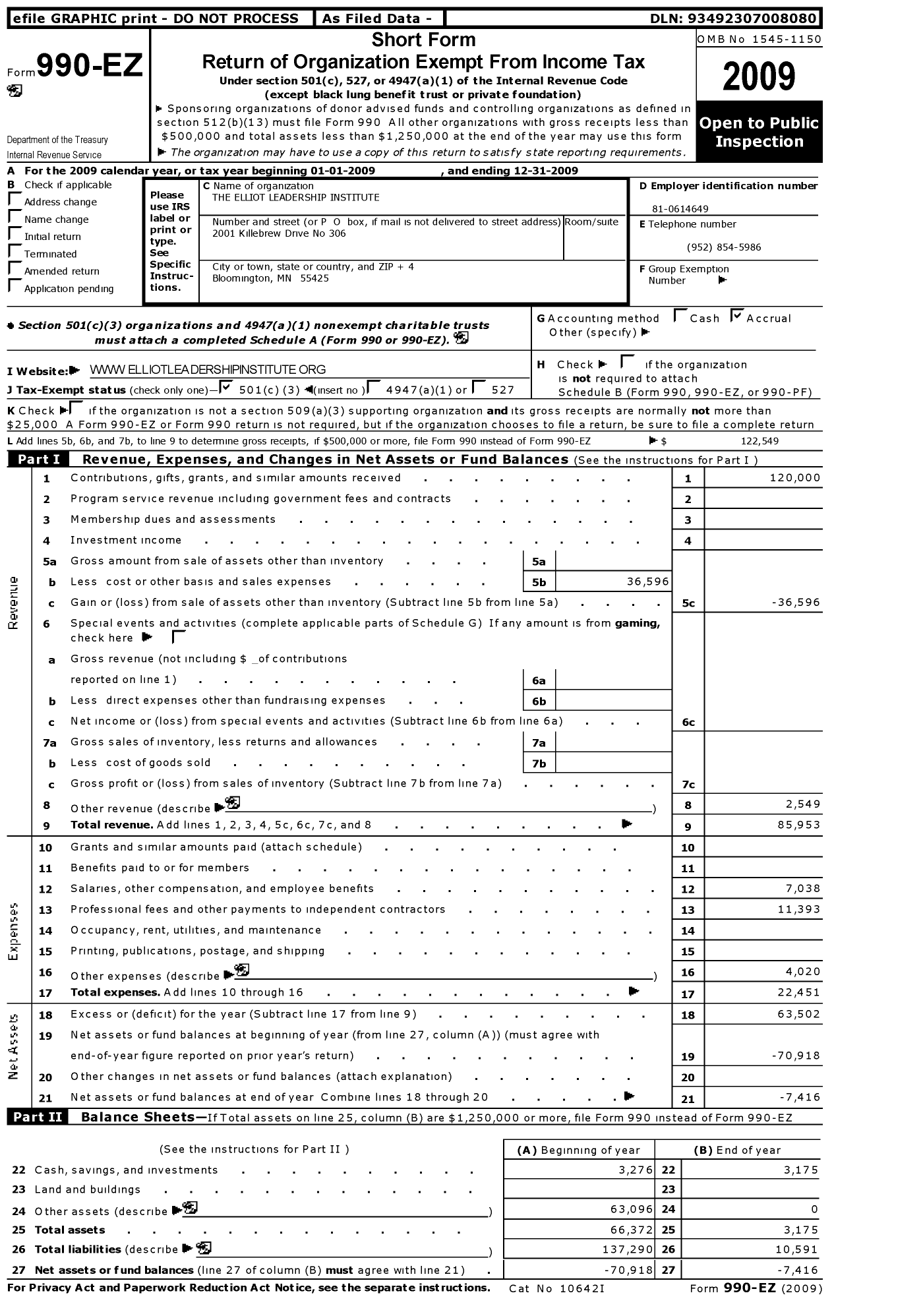 Image of first page of 2009 Form 990EZ for The Elliot Leadership Institute