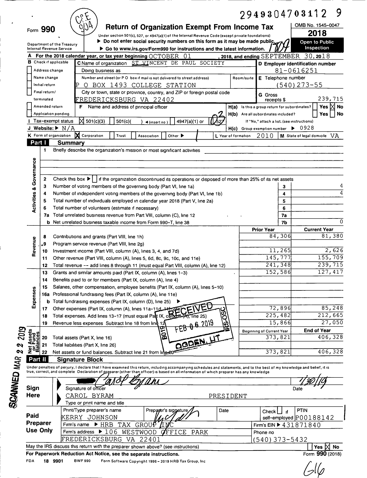 Image of first page of 2017 Form 990 for St Vincent de Paul Society