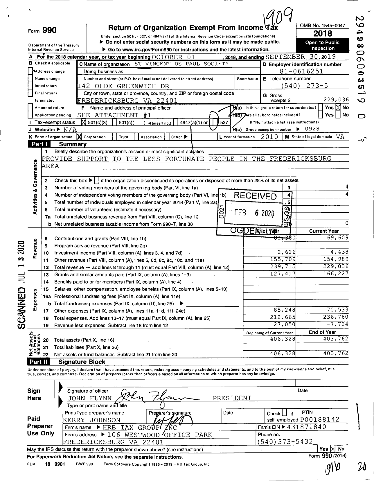 Image of first page of 2018 Form 990 for St Vincent de Paul Society