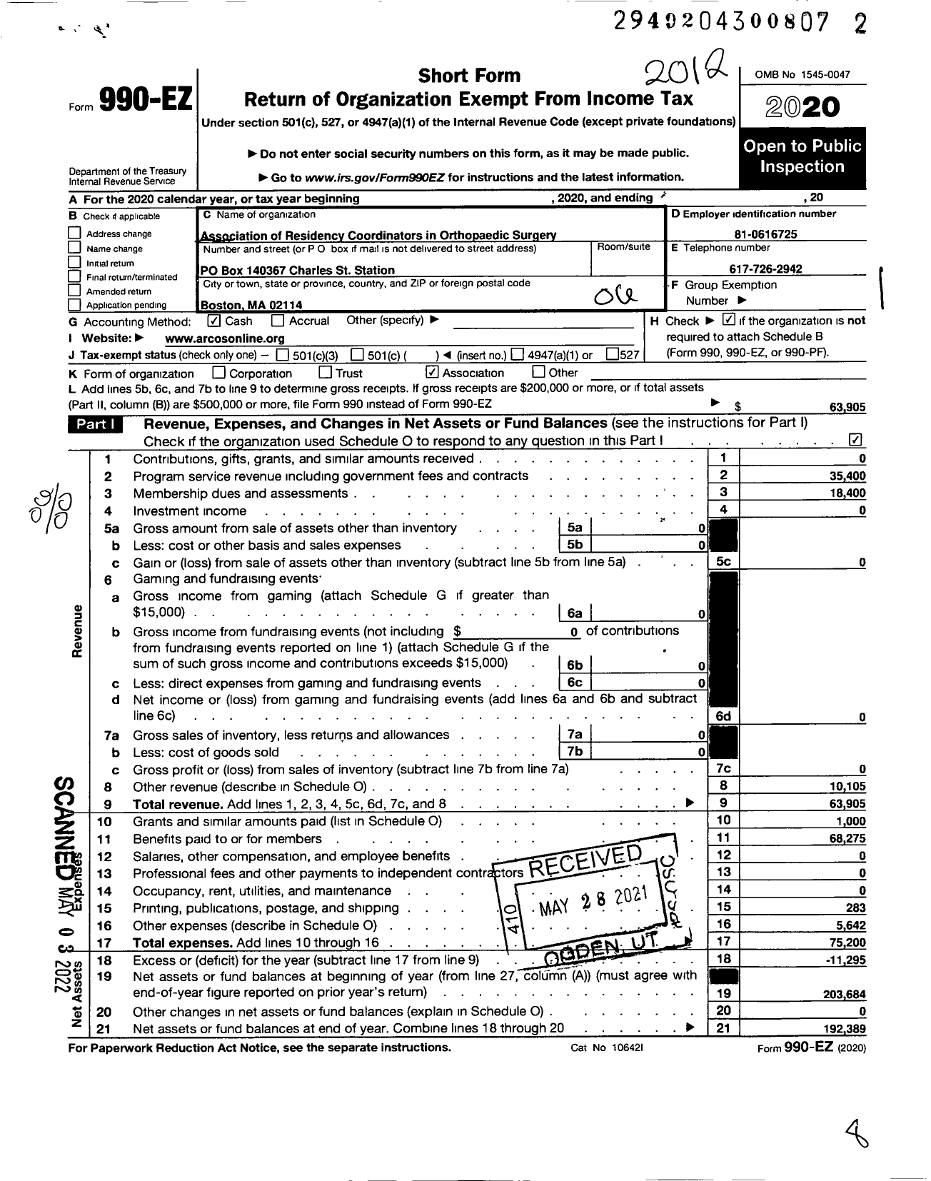 Image of first page of 2020 Form 990EO for Association of Residency Coordinators in Orthopaedics Surgery