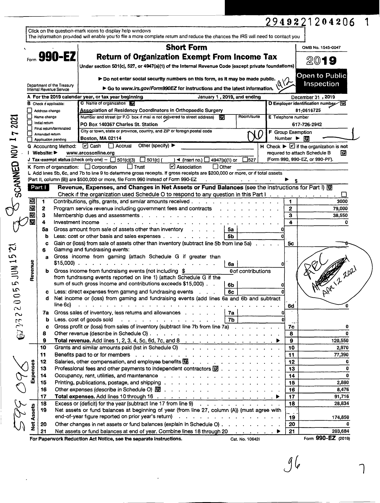 Image of first page of 2019 Form 990EO for Association of Residency Coordinators in Orthopaedics Surgery