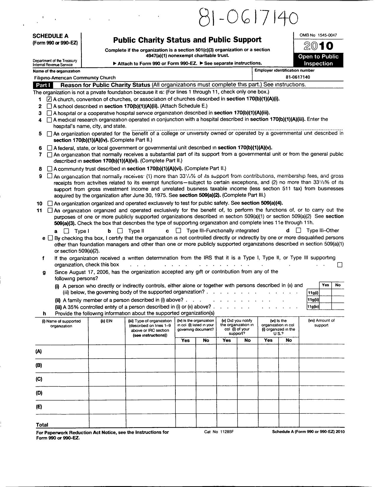 Image of first page of 2010 Form 990R for Filipino-American Community Church / Church Religious