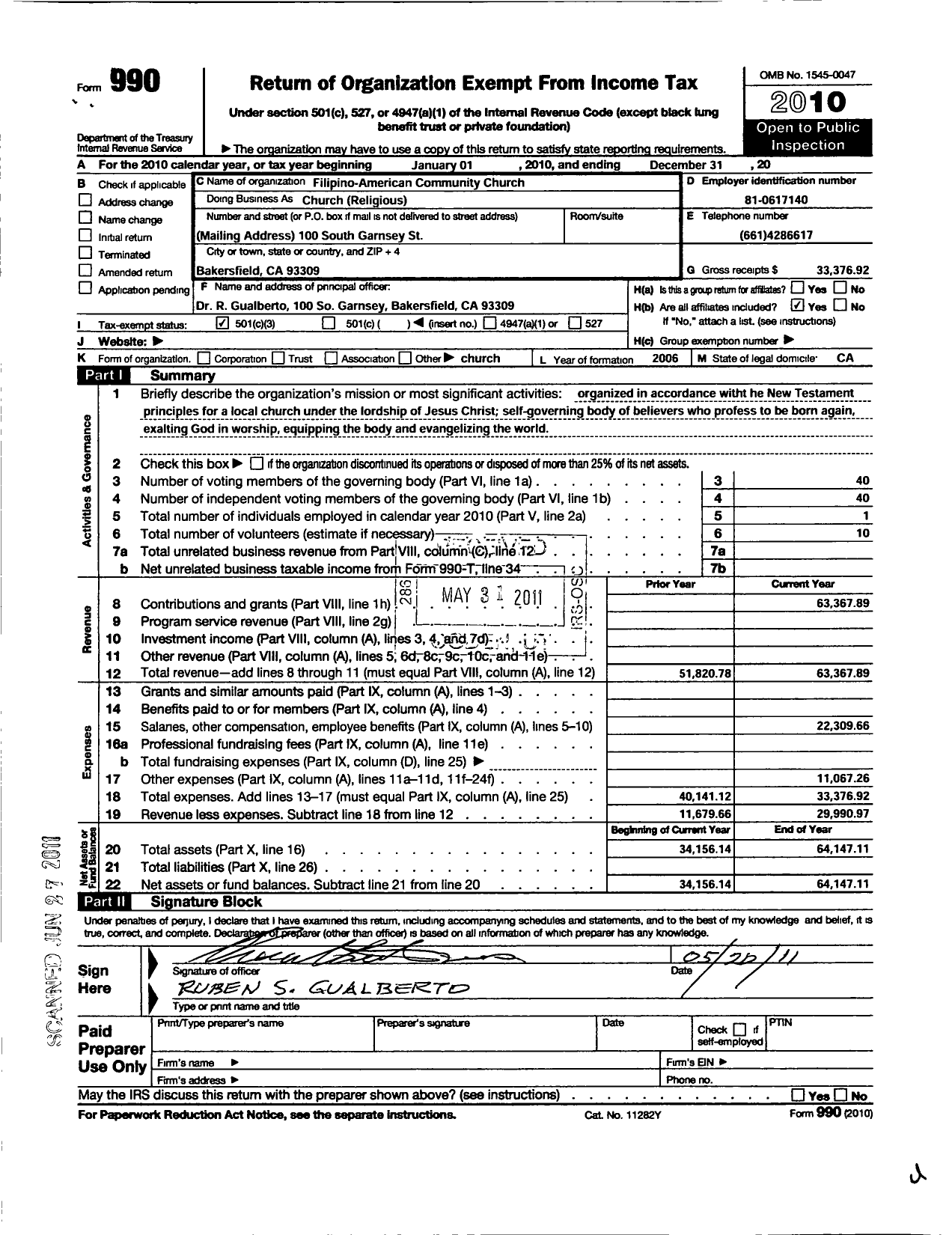 Image of first page of 2010 Form 990 for Filipino-American Community Church / Church Religious