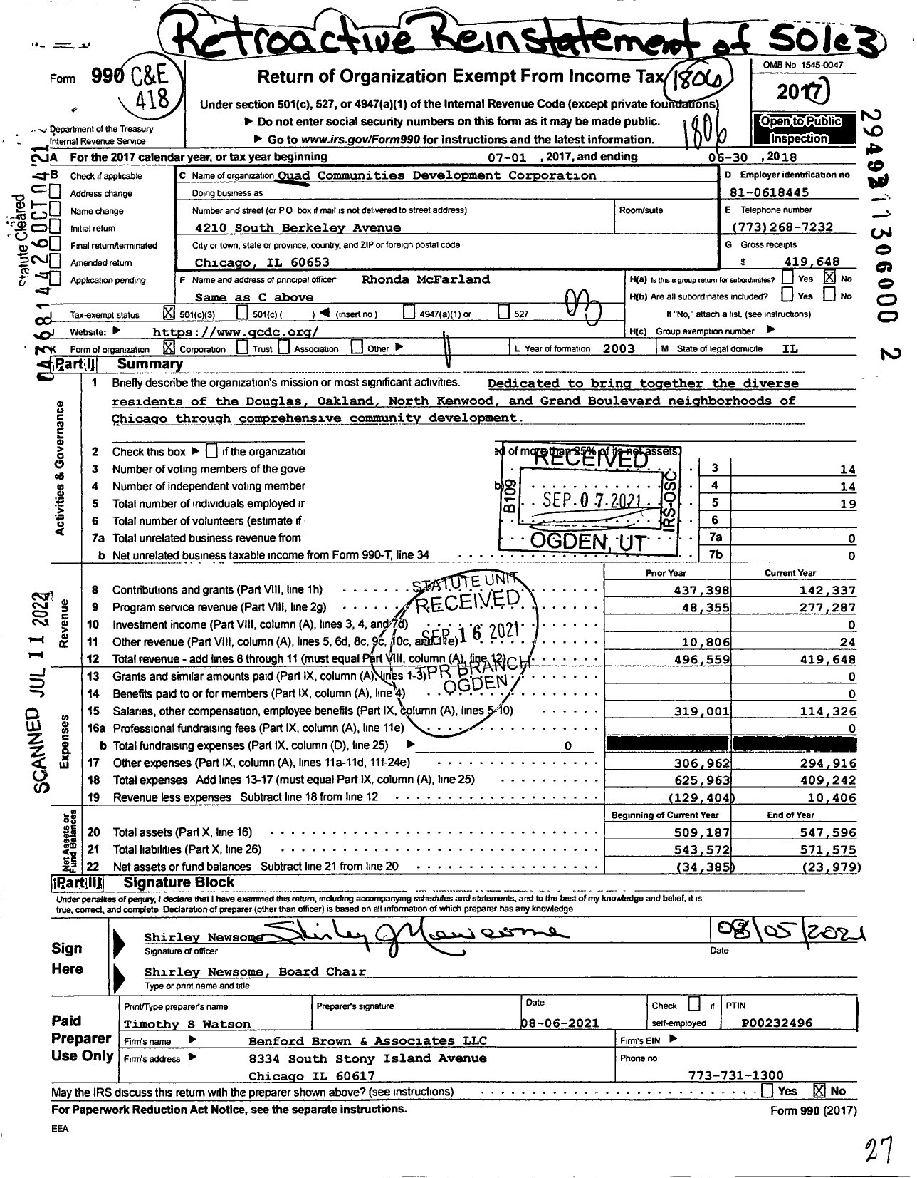 Image of first page of 2017 Form 990 for Quad Communities Development Corporation NFP