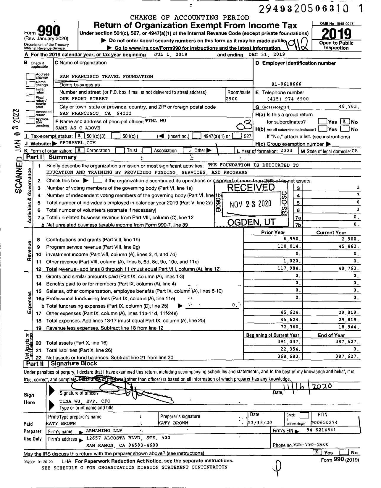 Image of first page of 2019 Form 990 for San Francisco Travel Foundation