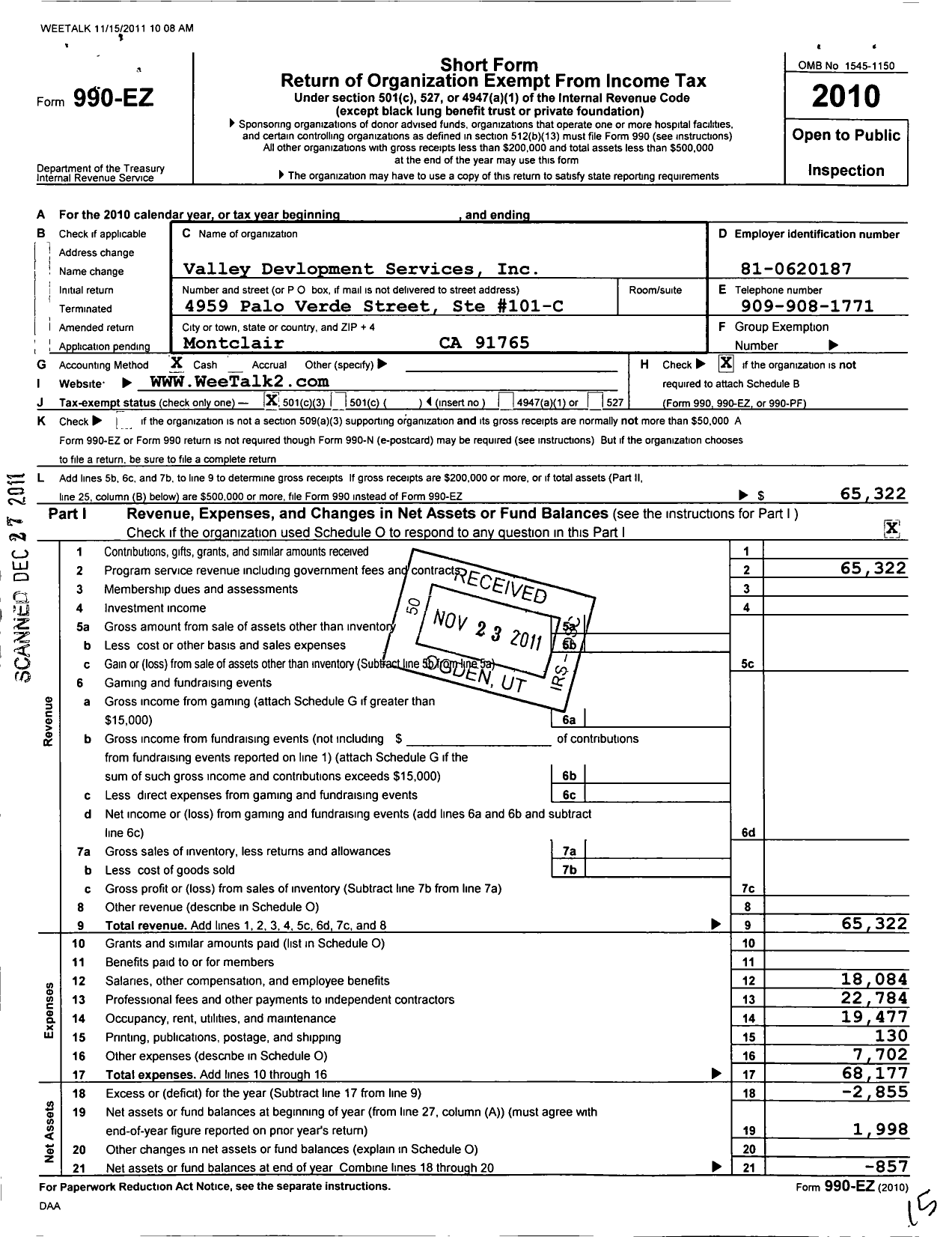 Image of first page of 2010 Form 990EZ for Valley Development Services