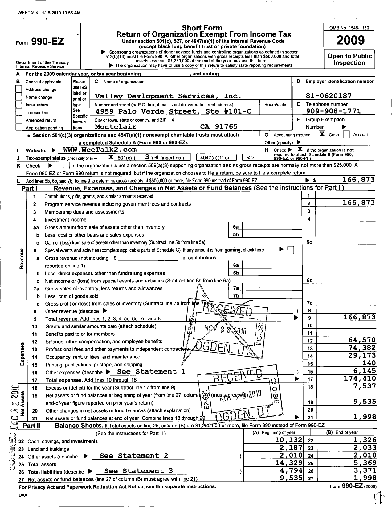 Image of first page of 2009 Form 990EZ for Valley Development Services