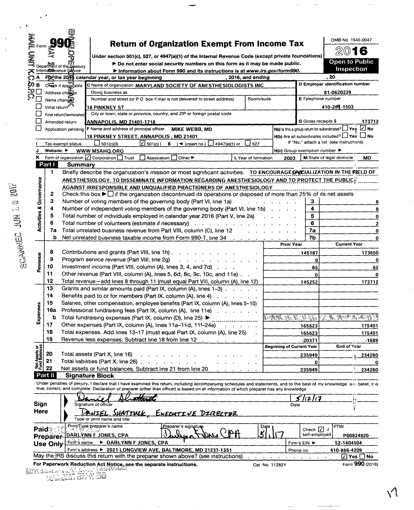 Image of first page of 2016 Form 990O for Maryland Society of Anesthesiologists