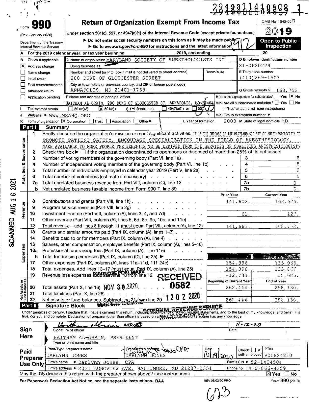 Image of first page of 2019 Form 990O for Maryland Society of Anesthesiologists