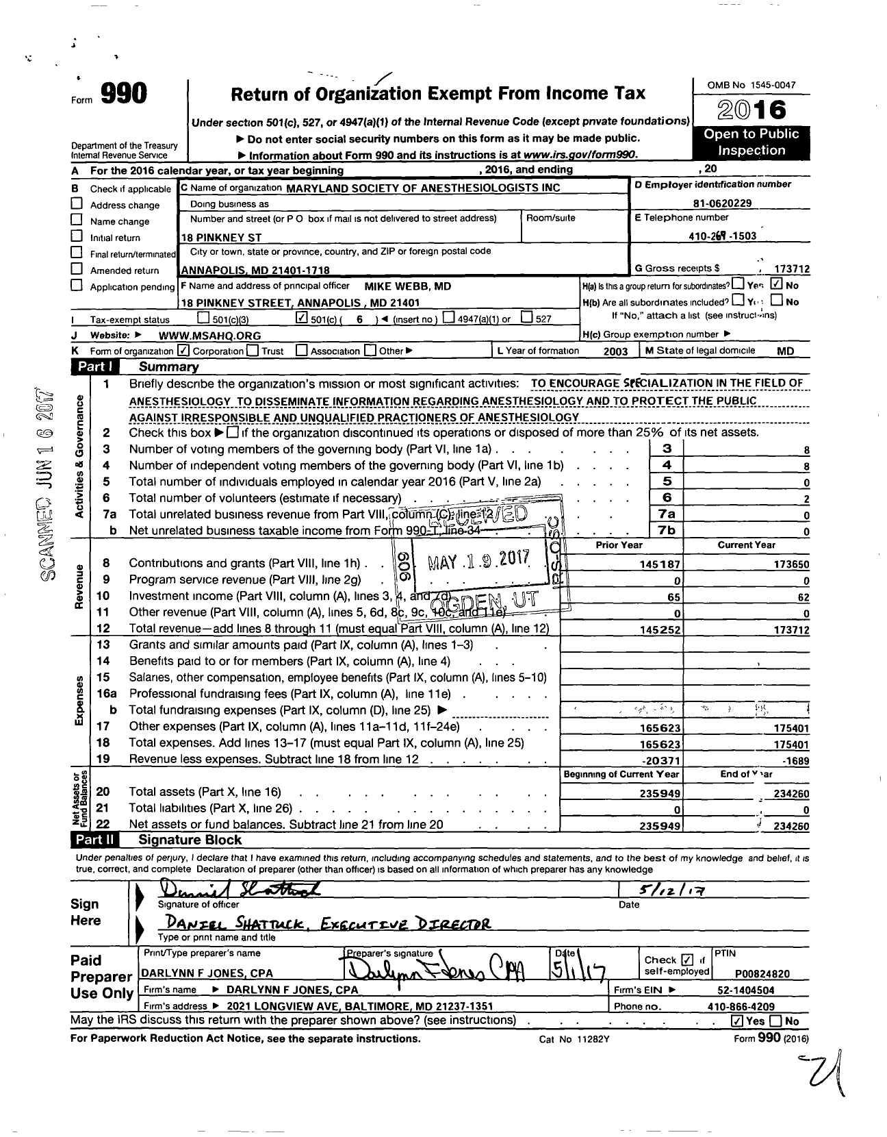 Image of first page of 2016 Form 990O for Maryland Society of Anesthesiologists