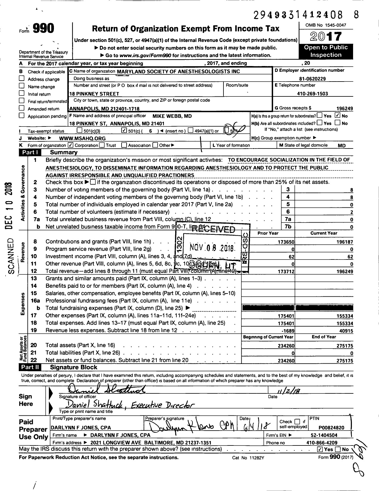 Image of first page of 2017 Form 990O for Maryland Society of Anesthesiologists