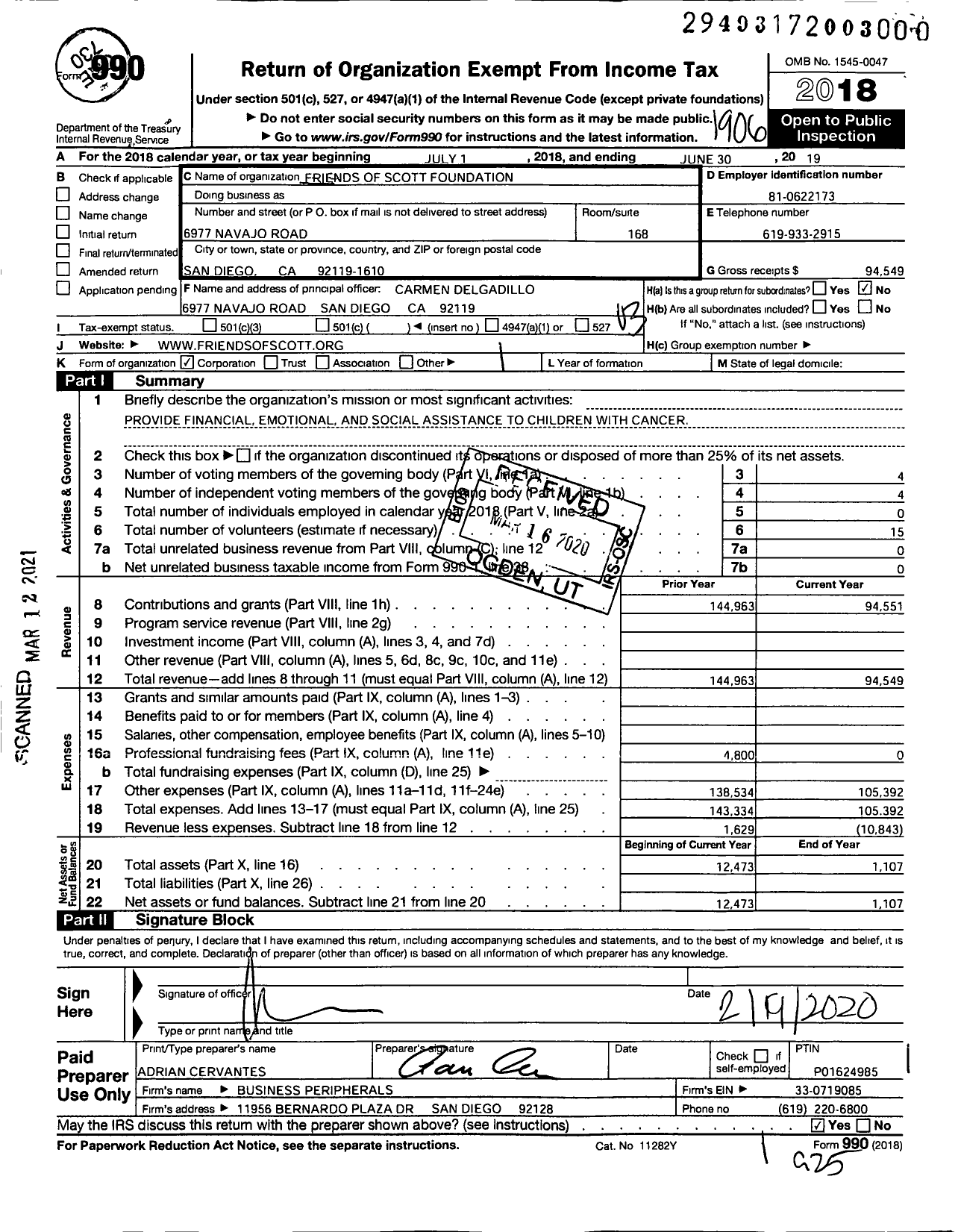 Image of first page of 2018 Form 990 for Friends of Scott Foundation