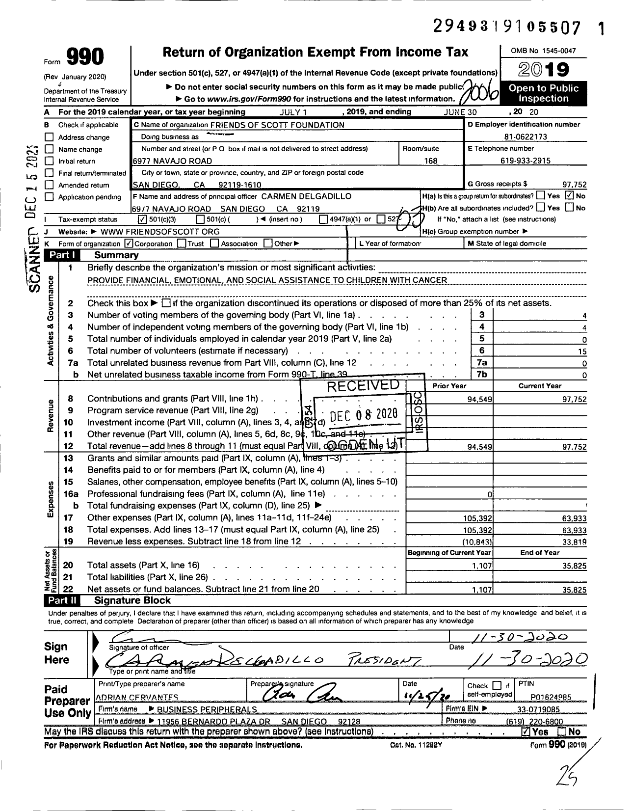 Image of first page of 2019 Form 990 for Friends of Scott Foundation