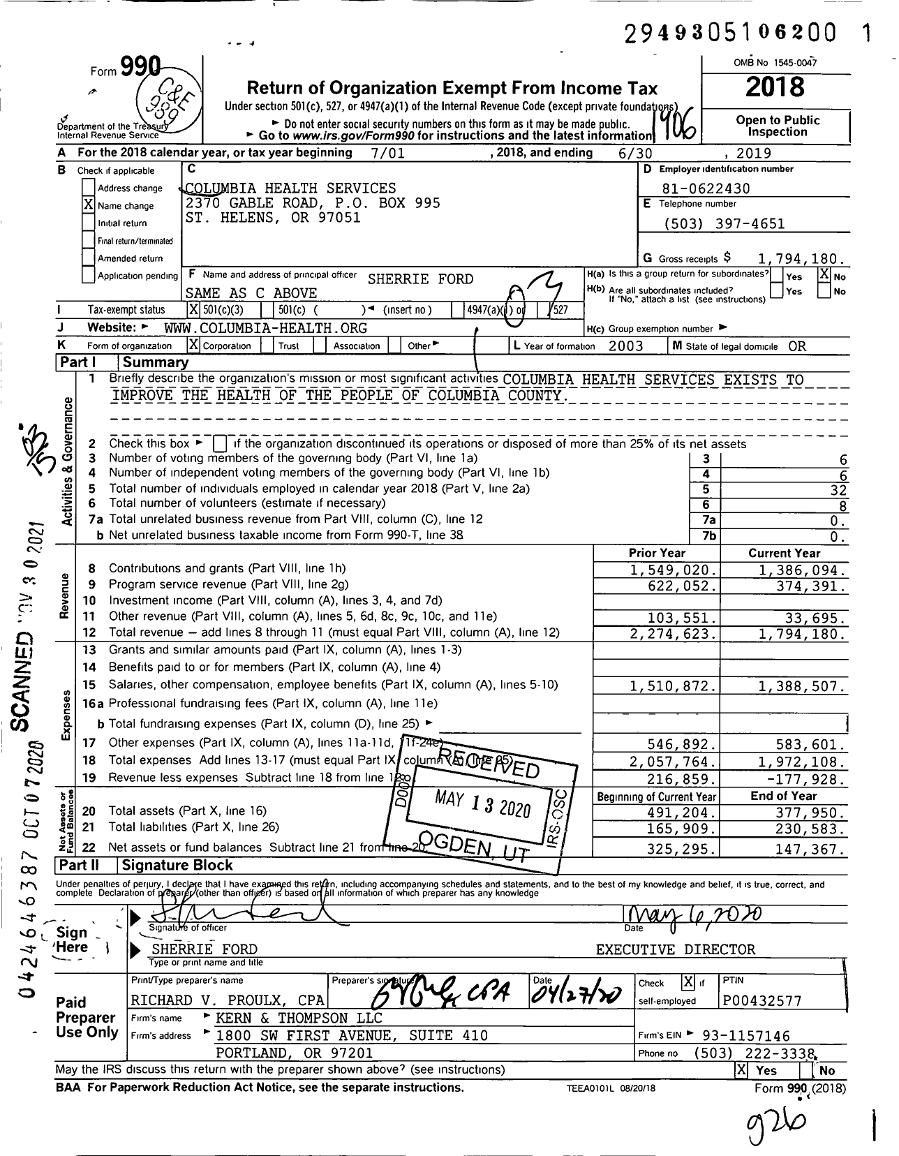 Image of first page of 2018 Form 990 for Columbia Health Services (PHF)