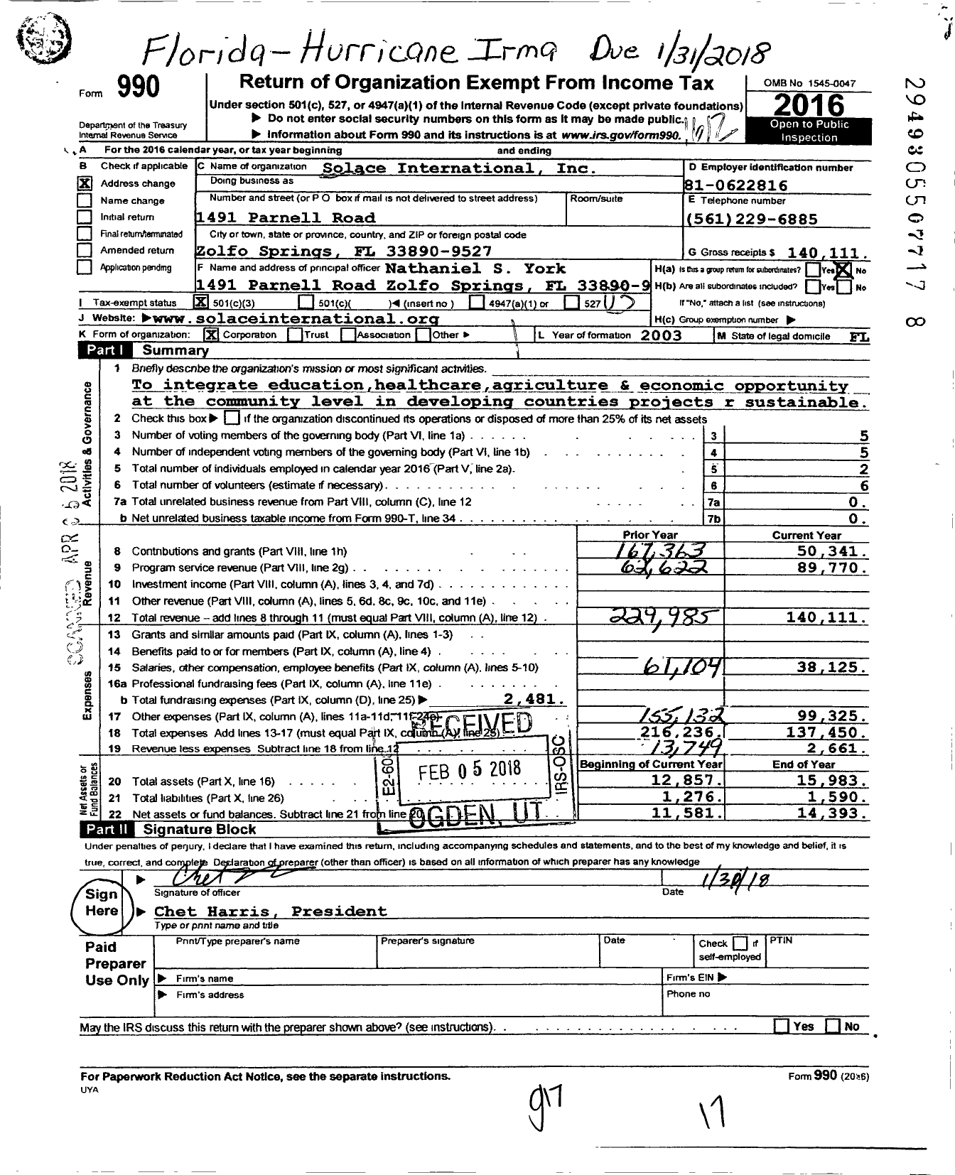 Image of first page of 2016 Form 990 for Solace International