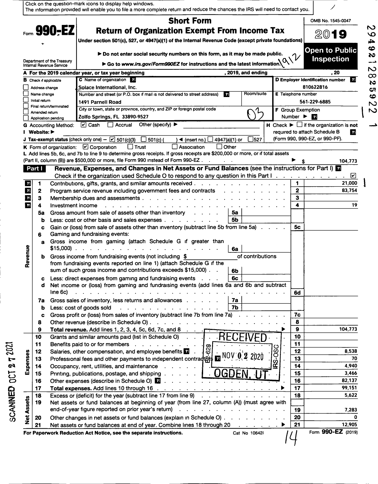 Image of first page of 2019 Form 990EZ for Solace International