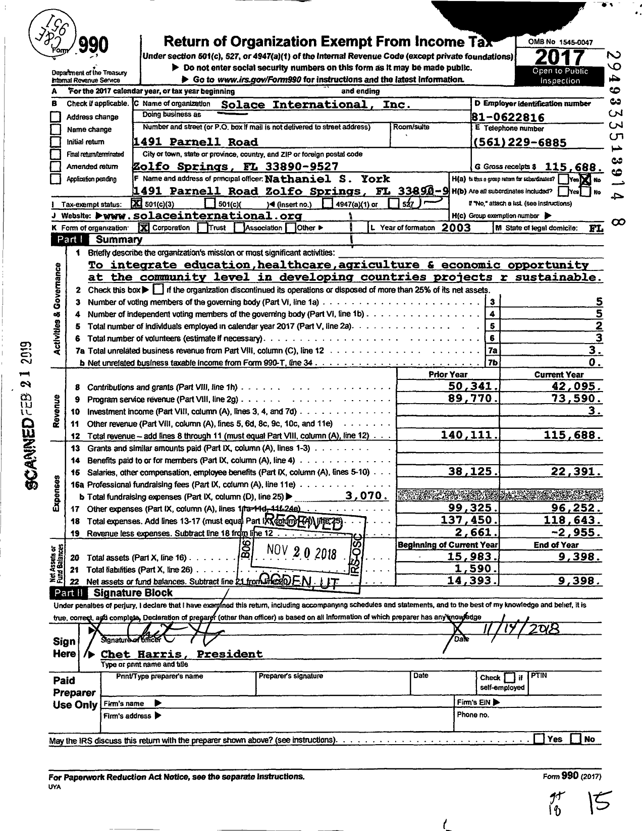 Image of first page of 2017 Form 990 for Solace International