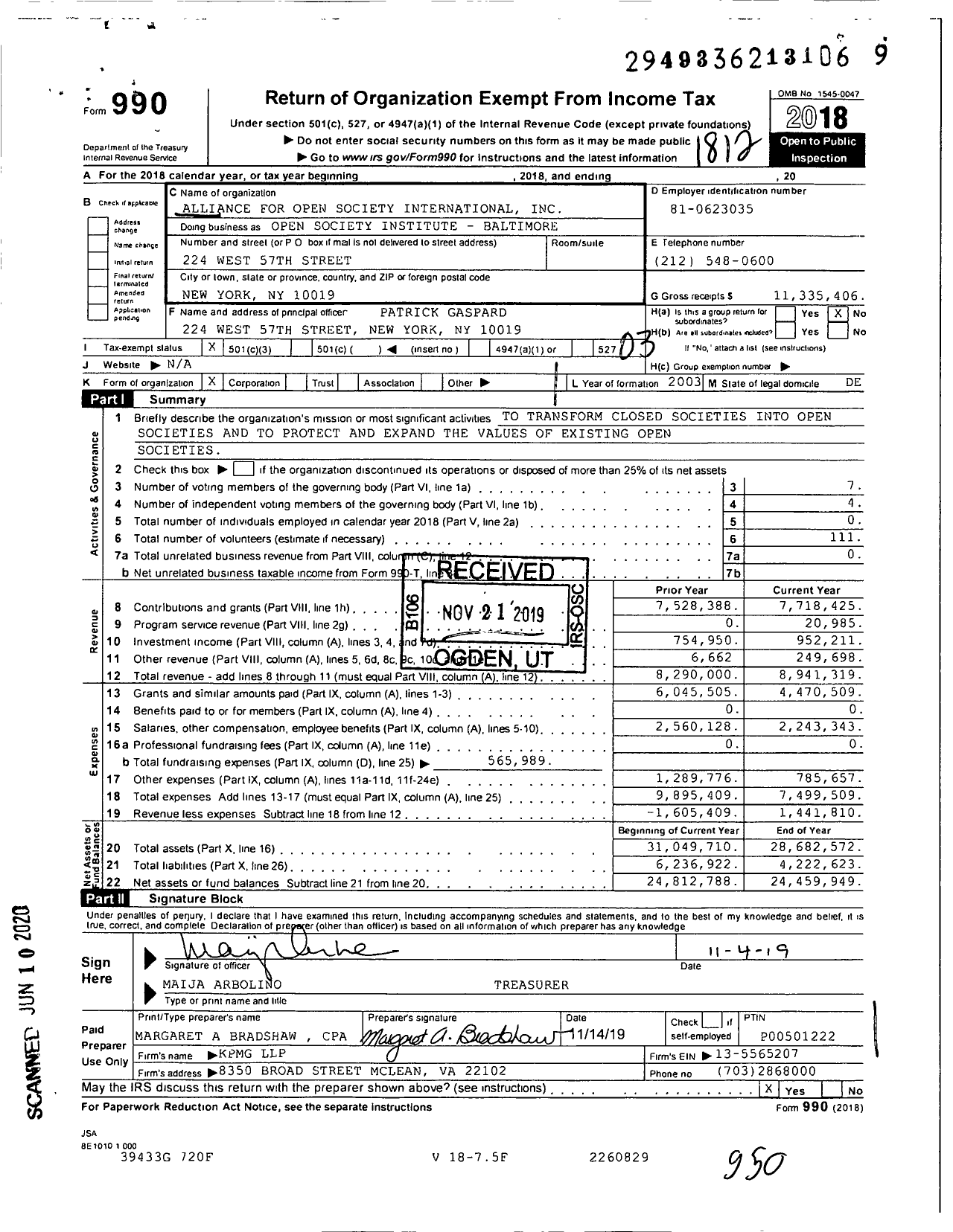 Image of first page of 2018 Form 990 for Open Society Institute - Baltimore (OSI)