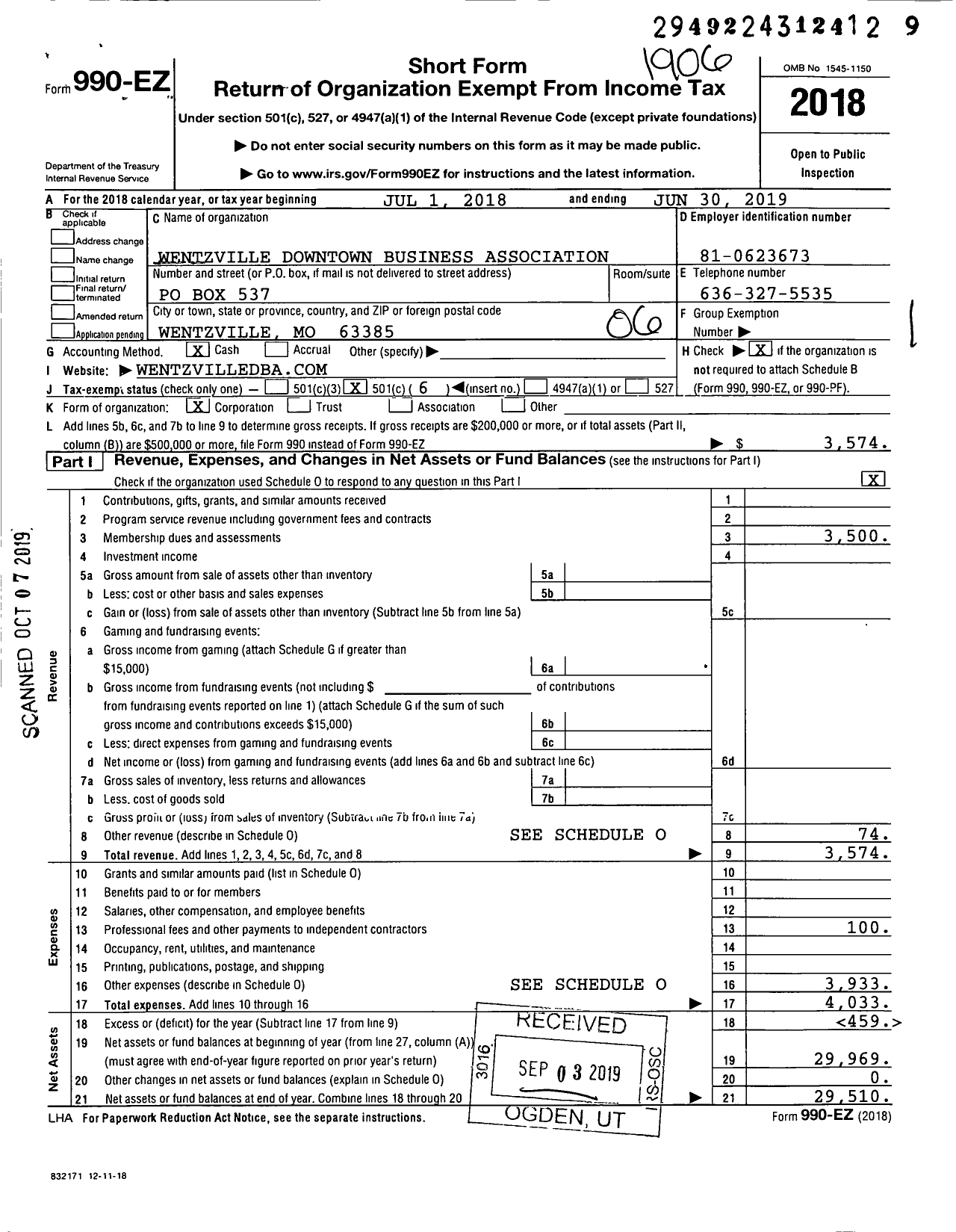 Image of first page of 2018 Form 990EO for Wentzville Downtown Business Association