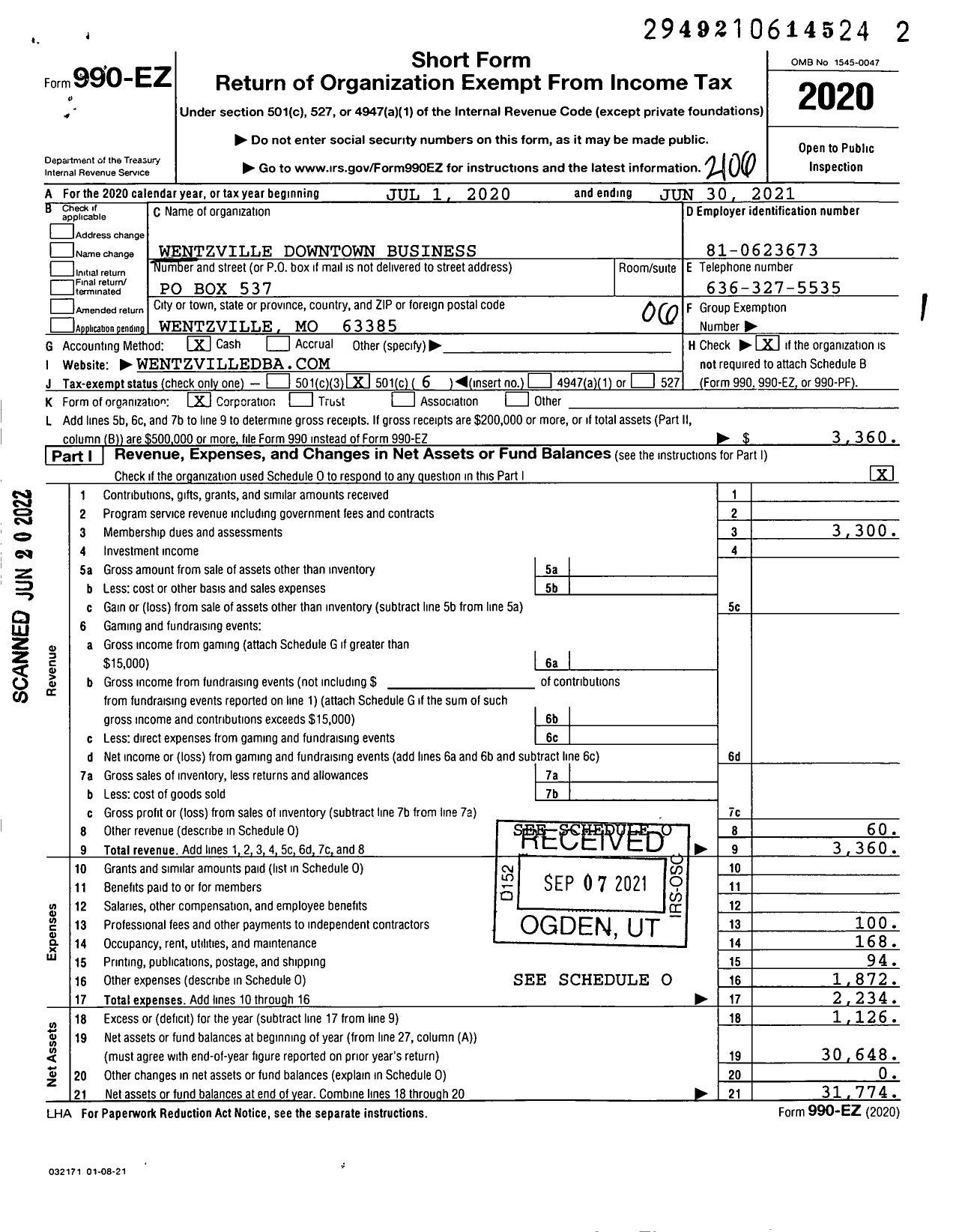 Image of first page of 2020 Form 990EO for Wentzville Downtown Business Association