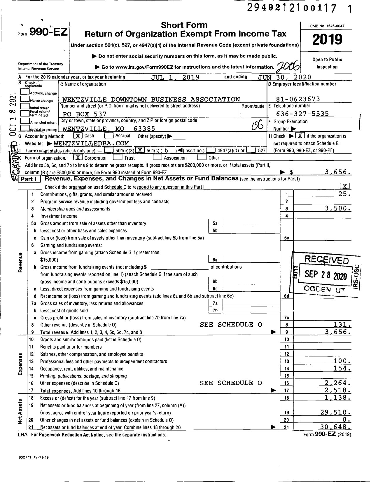 Image of first page of 2019 Form 990EO for Wentzville Downtown Business Association