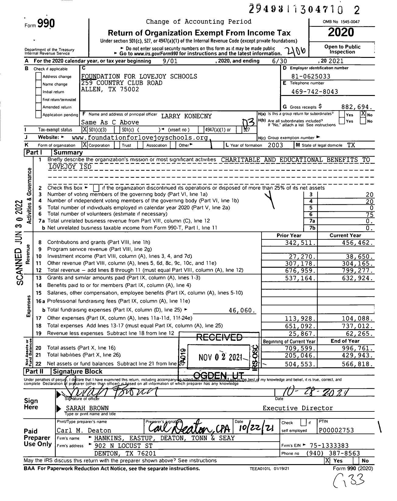 Image of first page of 2020 Form 990 for Foundation for Lovejoy Schools