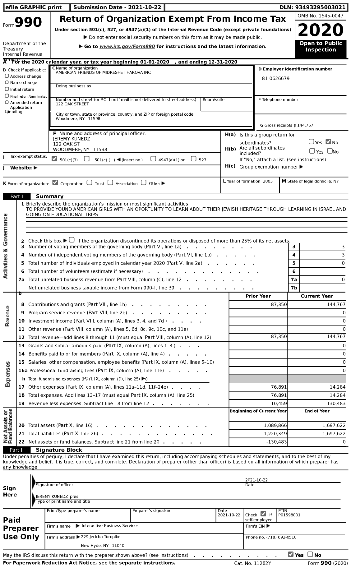 Image of first page of 2020 Form 990 for American Friends of Midreshet Harova