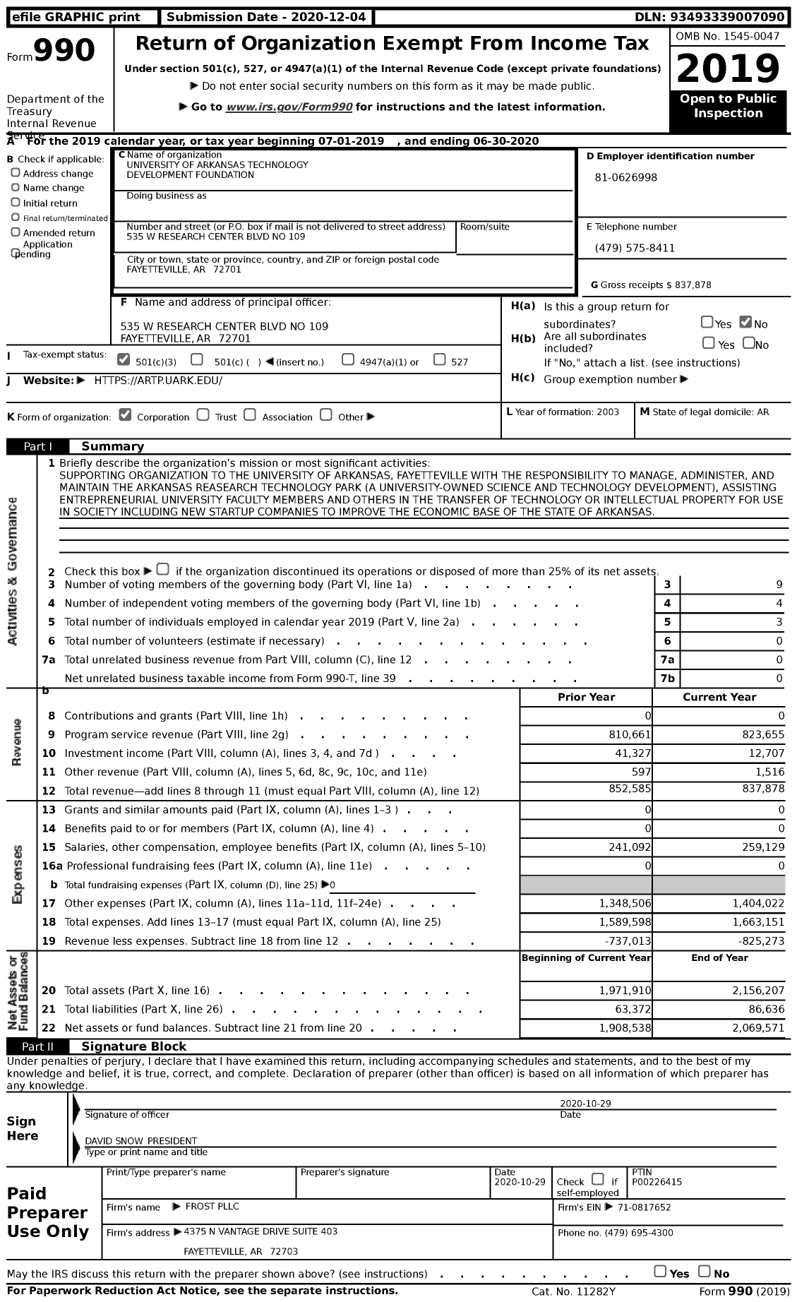Image of first page of 2019 Form 990 for University of Arkansas Technology Development Foundation