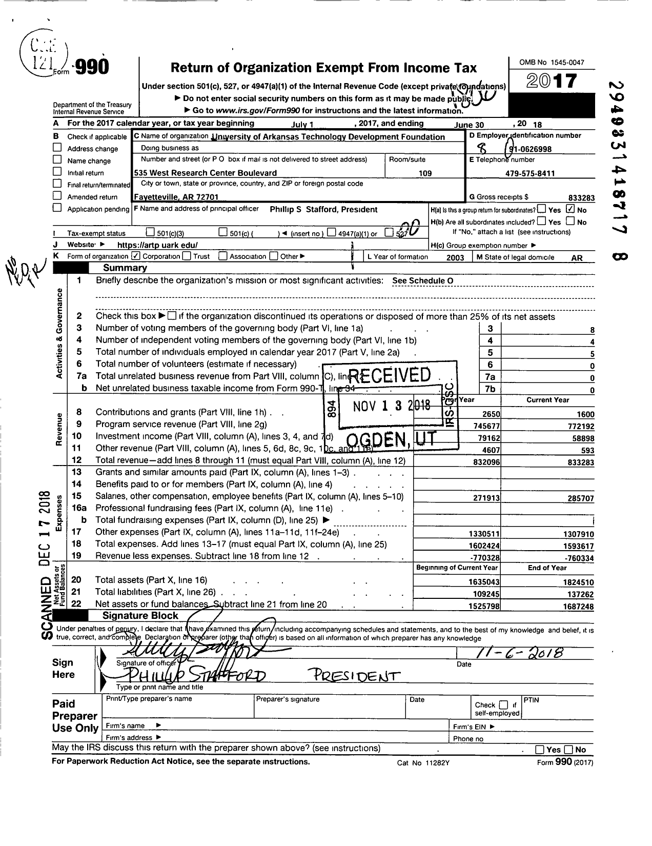 Image of first page of 2017 Form 990O for University of Arkansas Technology Development Foundation