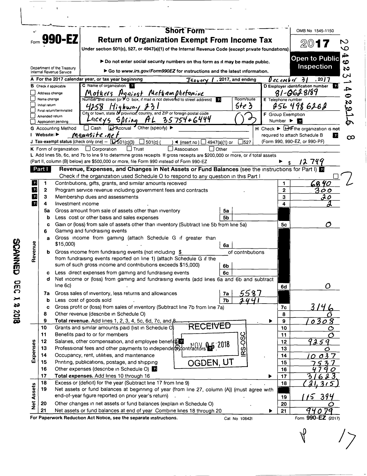 Image of first page of 2017 Form 990EZ for Mothers Against Methamphetamine