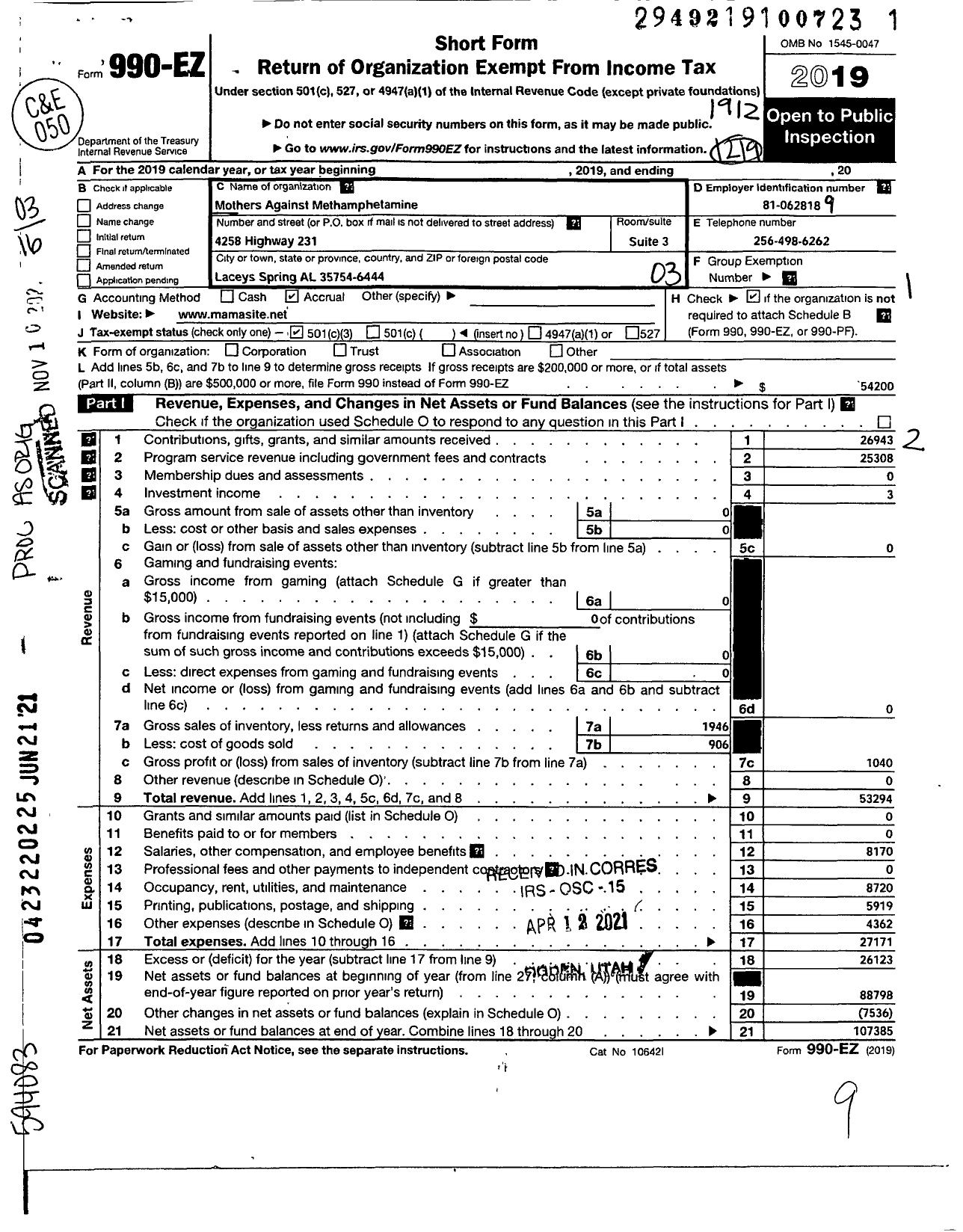 Image of first page of 2019 Form 990EZ for Mothers Against Methamphetamine