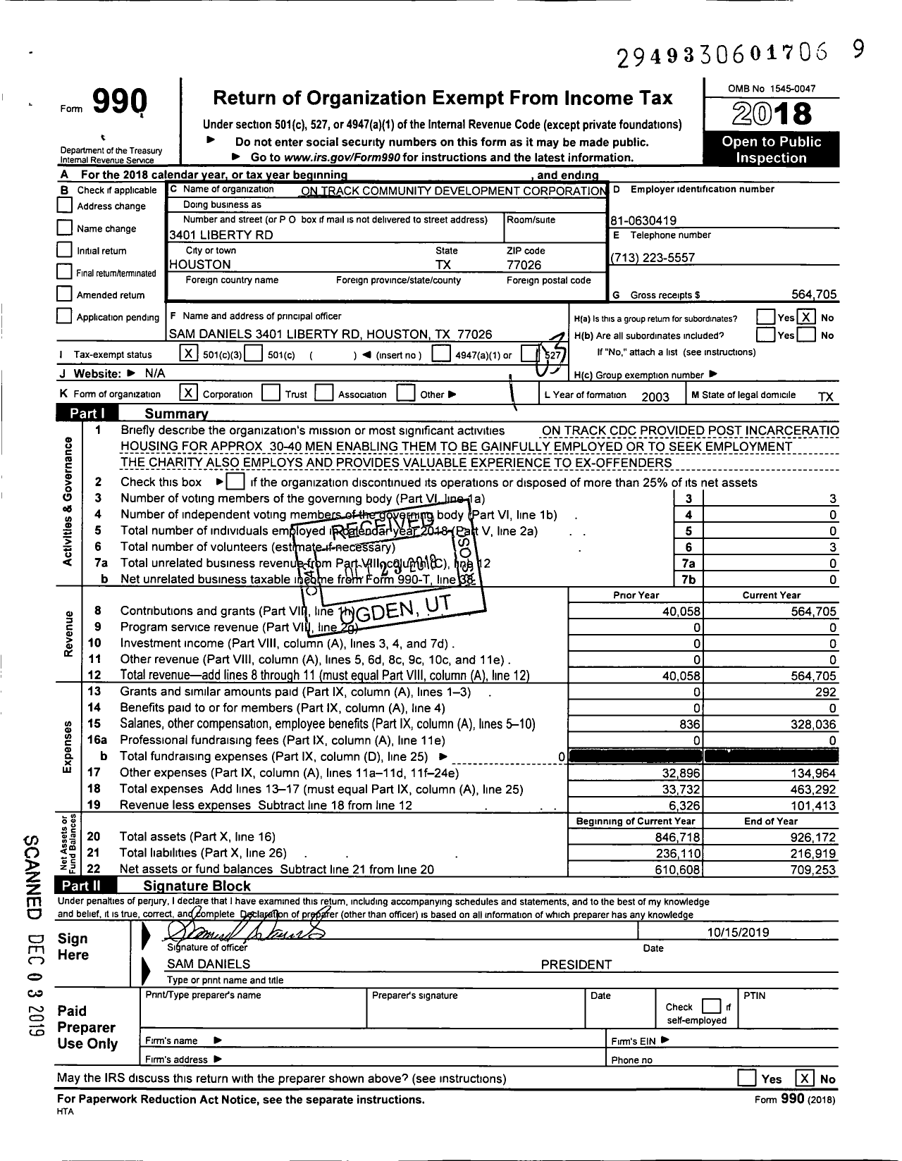 Image of first page of 2018 Form 990 for On Track Community Development Corporation