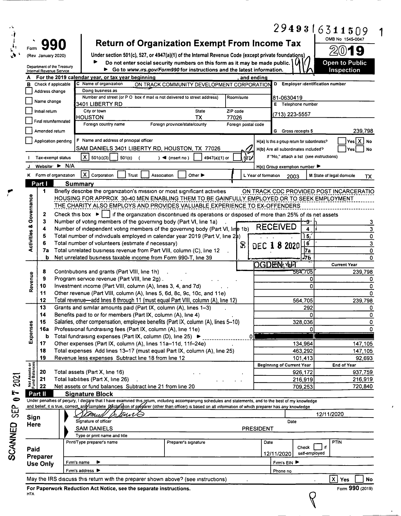 Image of first page of 2019 Form 990 for On Track Community Development Corporation