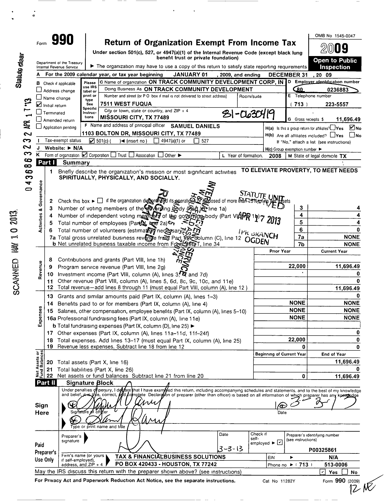 Image of first page of 2009 Form 990O for On Track Community Development Corporation