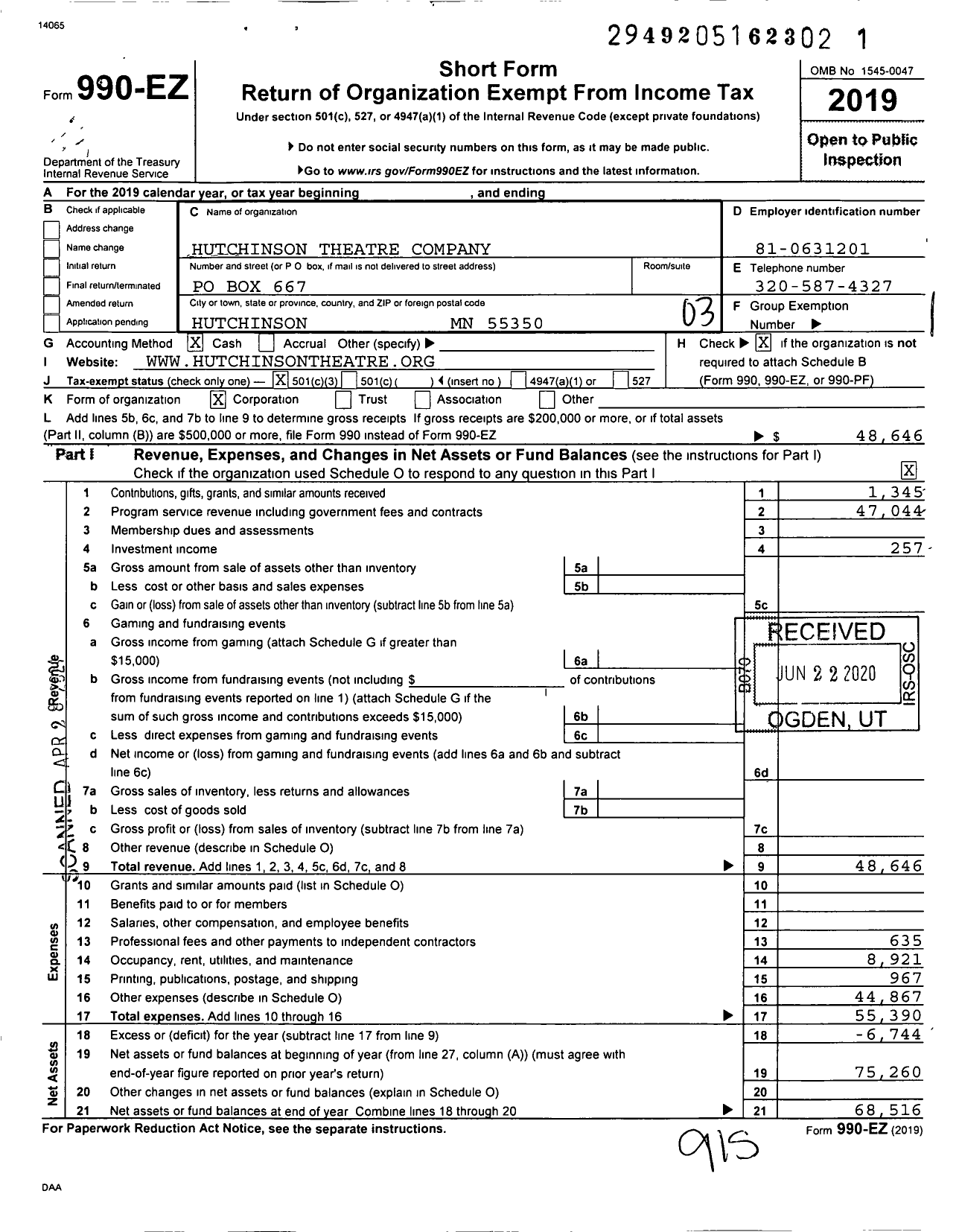 Image of first page of 2019 Form 990EZ for Hutchinson Theatre Company