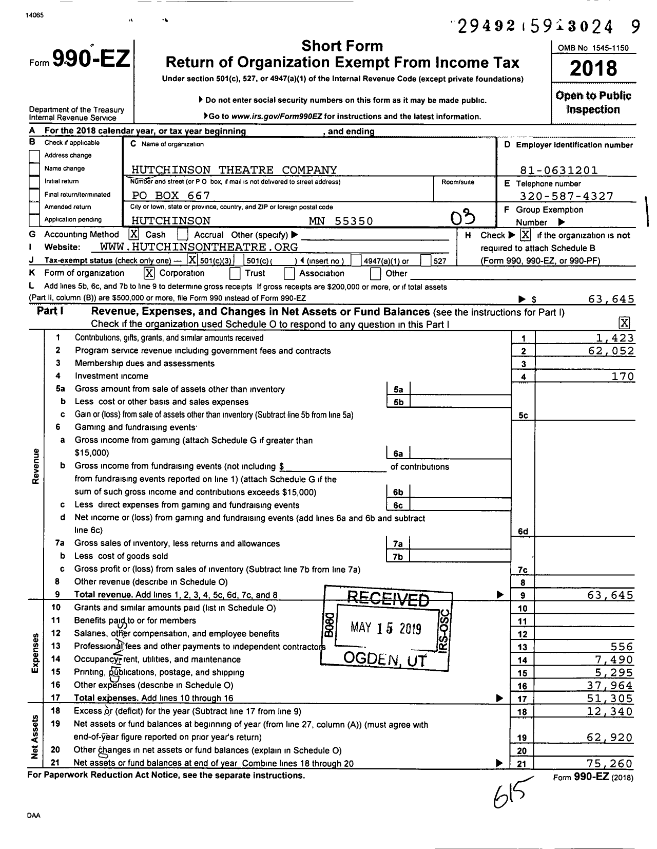 Image of first page of 2018 Form 990EZ for Hutchinson Theatre Company