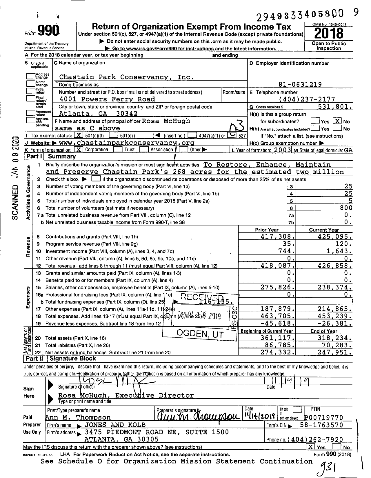 Image of first page of 2018 Form 990 for Chastain Park Conservancy