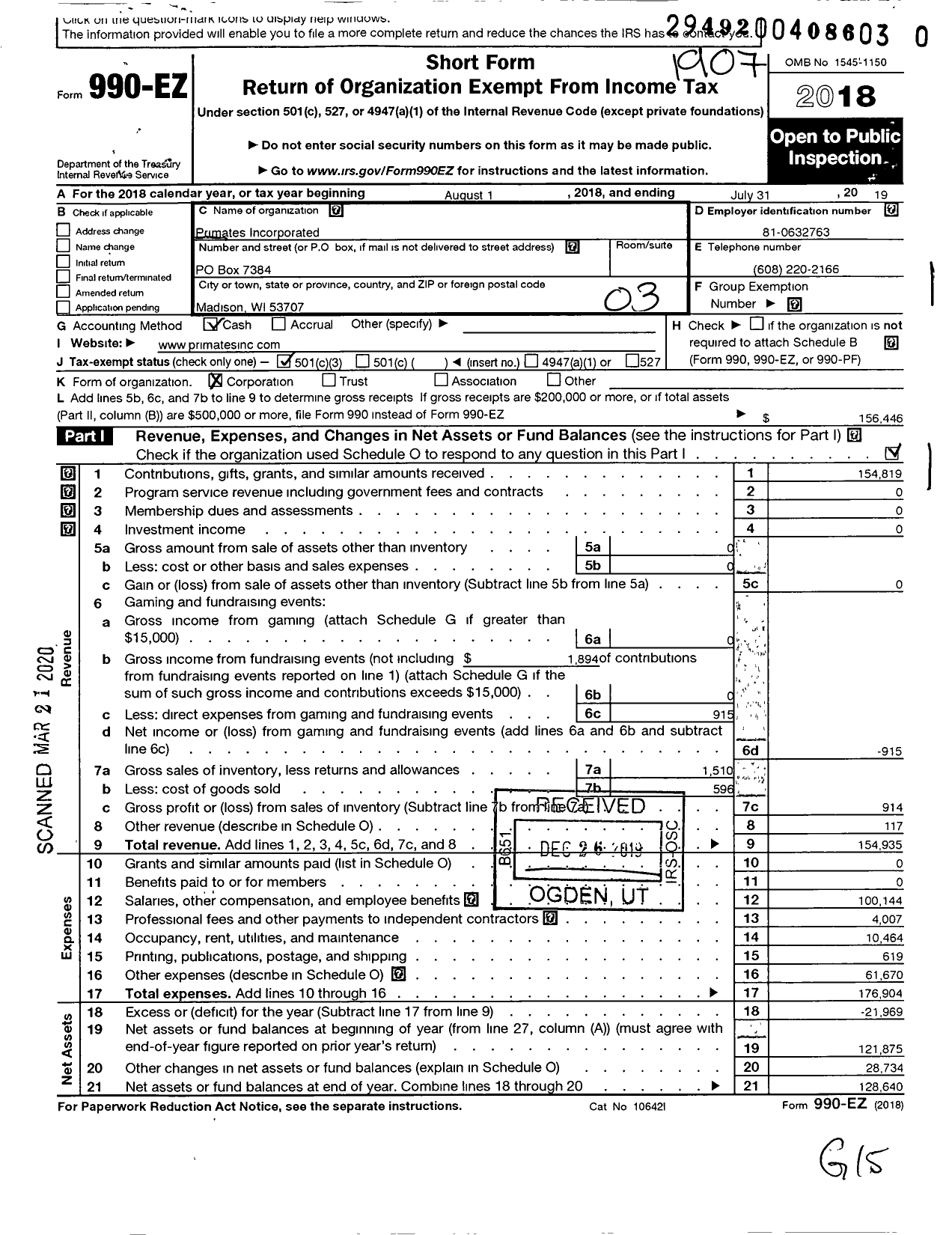 Image of first page of 2018 Form 990EZ for Primates Incorporated