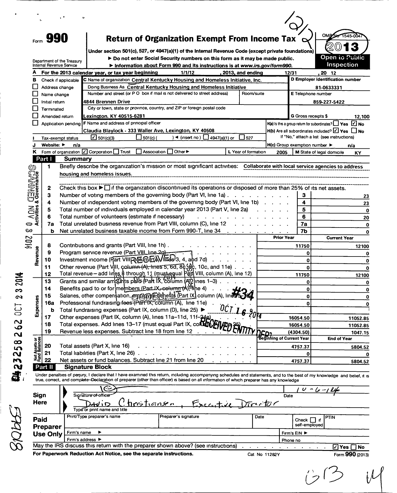 Image of first page of 2012 Form 990 for Central Kentucky Housing and Homeless Initiative (CKHHI)