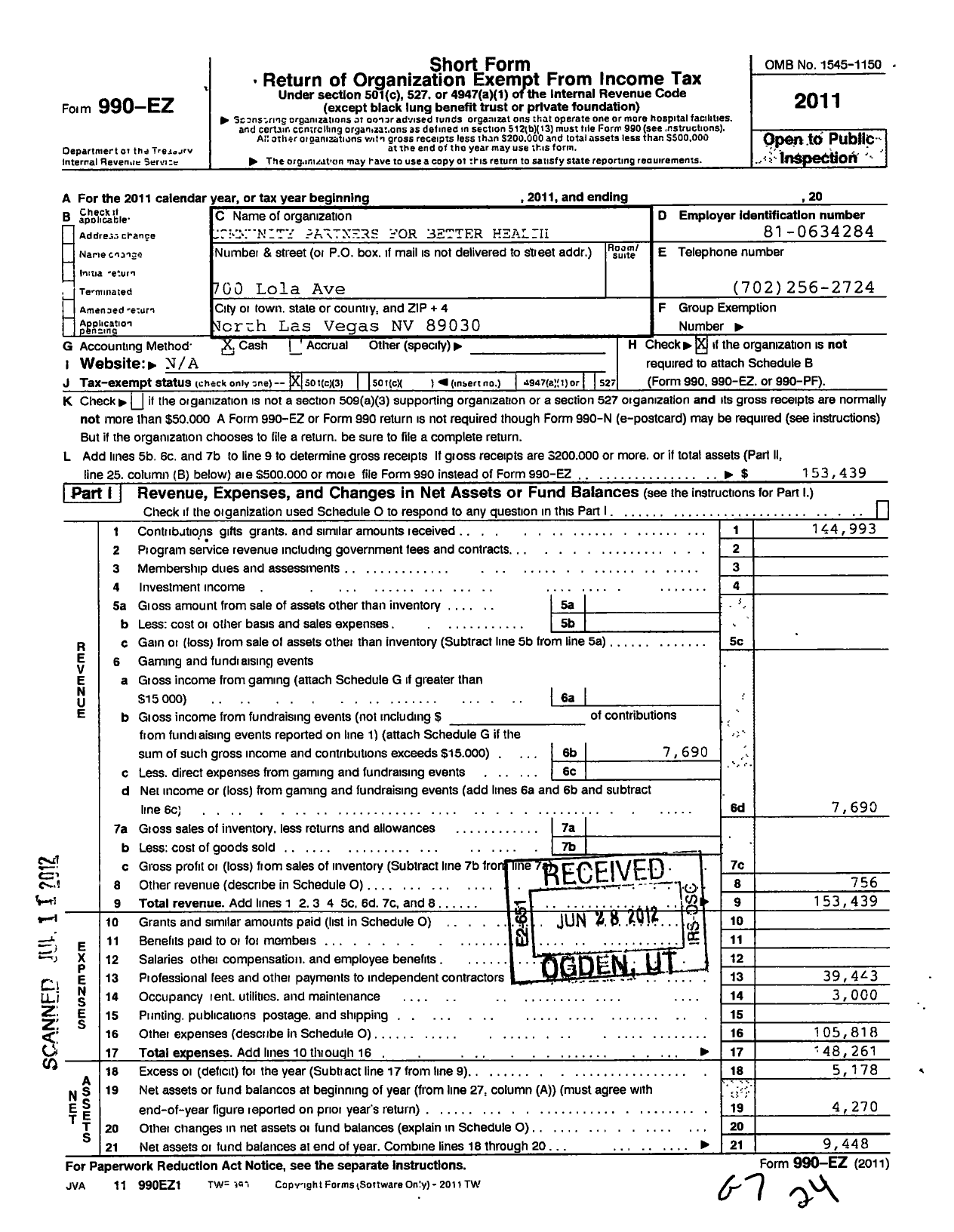 Image of first page of 2011 Form 990EZ for Community Partners for Better Health