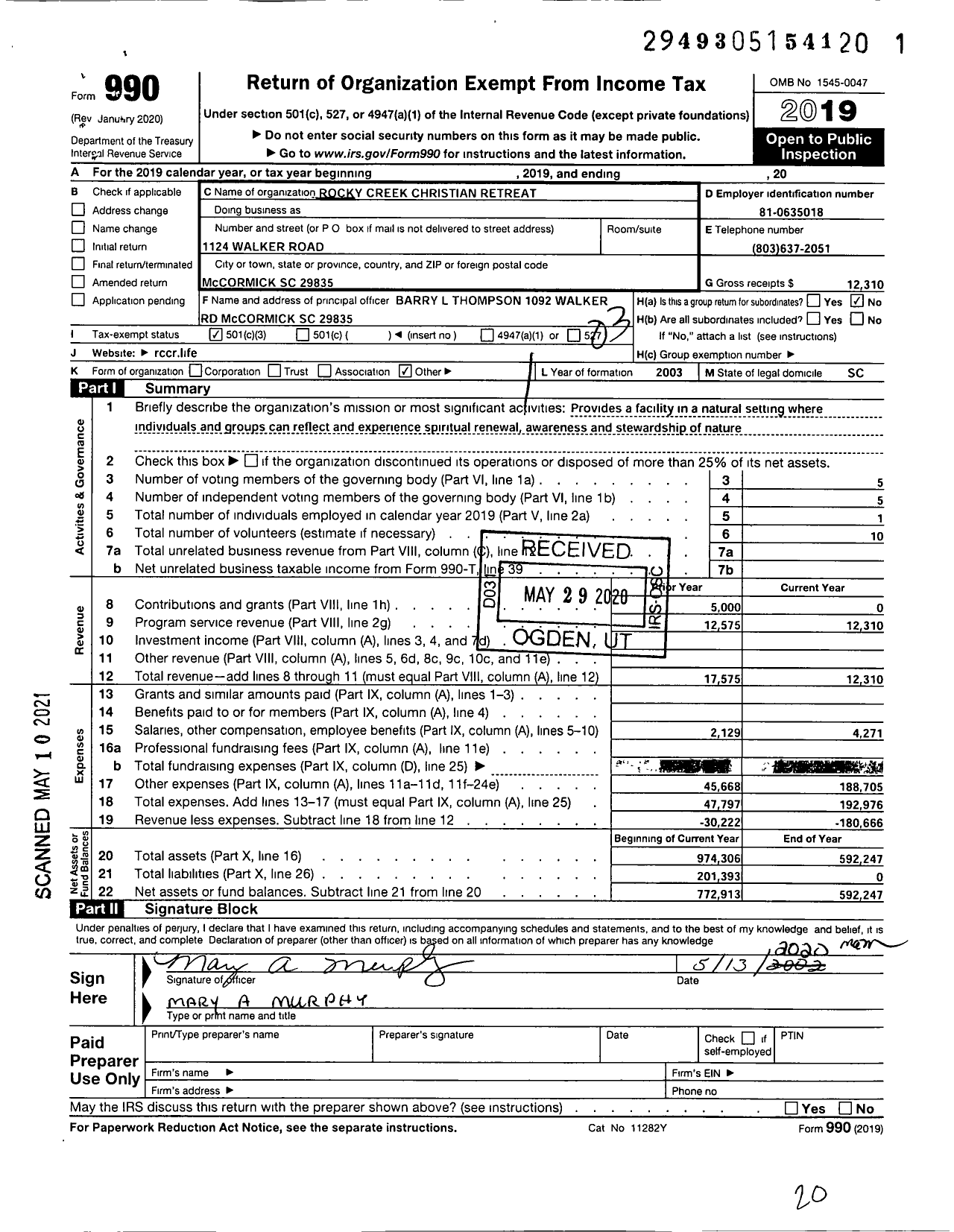 Image of first page of 2019 Form 990 for Rocky Creek Christian Retreat