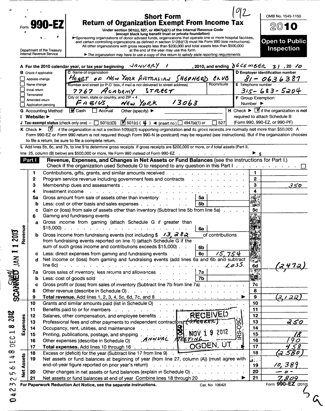 Image of first page of 2010 Form 990EO for Heart of New York Australian Shepherd Club (HONYASC)